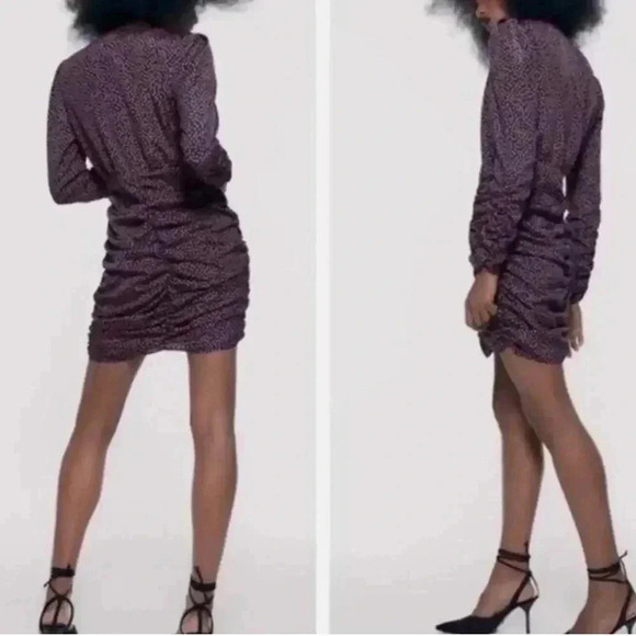 ZARA Heart Print Long Sleeve Ruched Mini Dress Size Medium - Picture 3 of 8